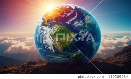 The Earth illuminated by the sun, resting on a rocky surface above the clouds. 119589984