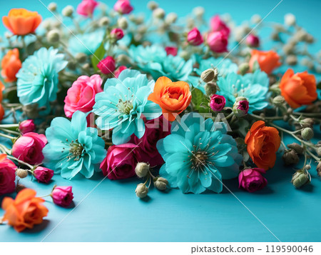 A close-up of turquoise, pink, and orange flowers arranged densely on a turquoise background, showcasing their vibrant colors. A close-up of turquoise, pink, and orange flowers arranged densely on a turquoise background, showcasing their vibrant colors. 119590046