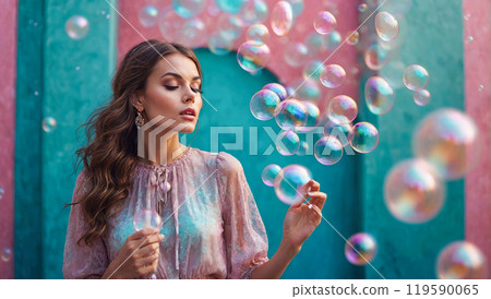 Among colorful bubbles, a fashionable woman captures the essence of whimsy in a vibrant setting. 119590065