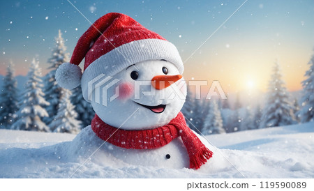 Happy snowman wearing a red Santa hat in a snowy winter landscape, surrounded by snow-covered trees at night. 119590089