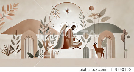 Watercolor painting representing Nativity scene in Bethlehem. Christmas scene illustration showing holy family baby Jesus in the manger Joseph and Mary.Banner. Copy space 119590100