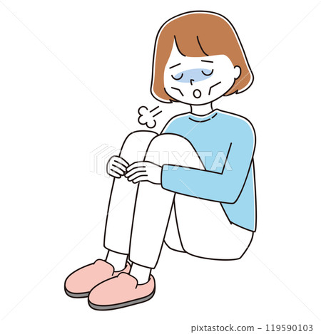 一個臉頰凹陷的苗條女人坐在三角形位置嘆息的插圖 一個臉頰凹陷的苗條女人坐在三角形位置嘆息的插圖 119590103