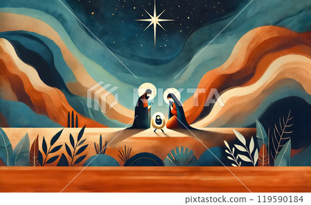 Watercolor painting Nativity scene in Bethlehem. Christmas scene illustration showing holy family baby Jesus in the manger Joseph and Mary. Banner Copy space 119590184