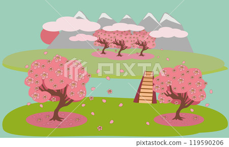 Spring mountain landscape with blooming sakura trees and a bridge Spring mountain landscape with blooming sakura trees and a bridge 119590206