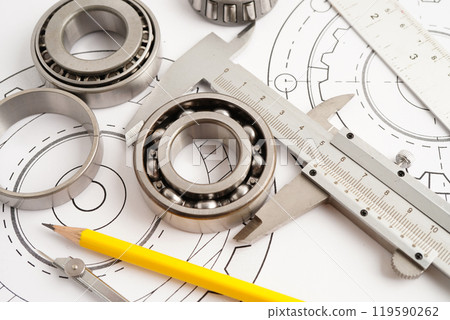 Engineering and precision tools with metal ball bering, mechanical industrial. Engineering and precision tools with metal ball bering, mechanical industrial. 119590262