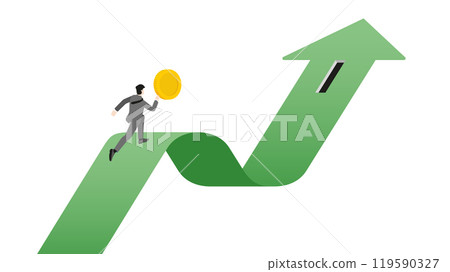 A businessman holding a coin and running on a rising green arrow graph to money slot for increase investment. Profit, strategy, wealth, and growth opportunities in the corporate and financial concept A businessman holding a coin and running on a rising green arrow graph to money slot for increase investment. Profit, strategy, wealth, and growth opportunities in the corporate and financial concept 119590327
