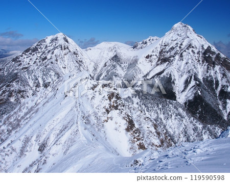 Akadake and Amidadake in winter as seen from Mt. Gongen in the Yatsugatake Mountains 119590598