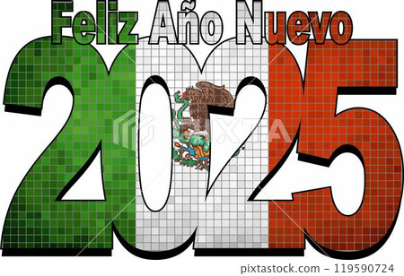 Happy New Year 2025 with Mexico flag inside 119590724