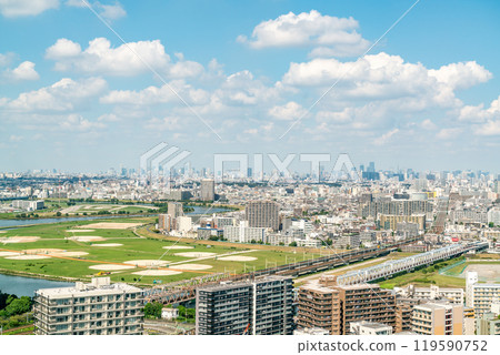 [Kanagawa Prefecture] Cityscape along the Tama River as seen from Kawasaki 119590752
