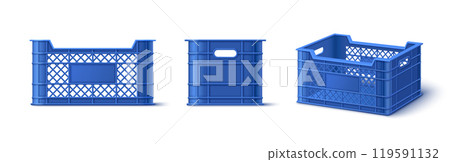 Blue plastic crate box. Fruit and vegetable basket 119591132