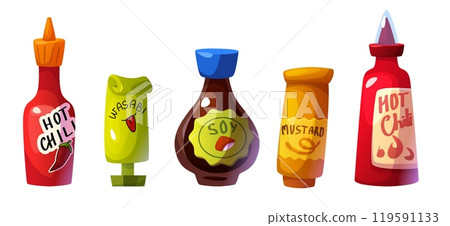 Hot chili pepper sauce bottle. Red spice ketchup 119591133