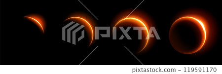 Solar eclipse phases with glowing neon orange ring 119591170
