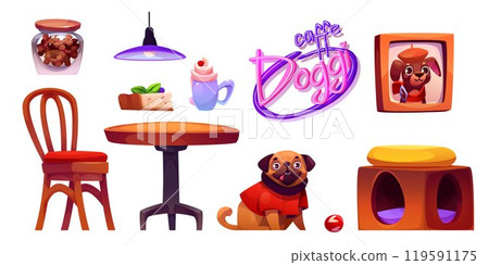 Dog friendly cafe interior elements. 119591175
