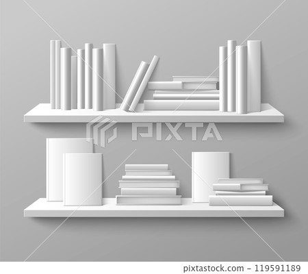 Book stack spine and front view on wall shelf. Book stack spine and front view on wall shelf. 119591189