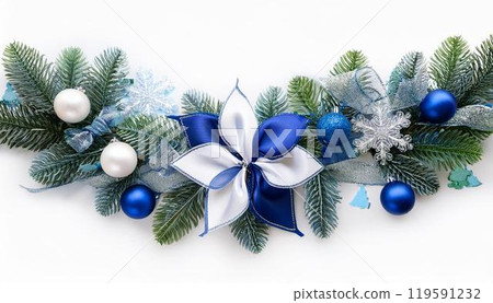 Border garland of Christmas tree branches decorated with blue and white ornaments 119591232