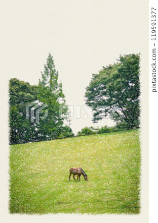 Illustration of a ranch with horses Illustration of a ranch with horses 119591377