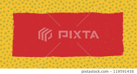 Rustic rectangle text box with grunge torn edges on a yellow spotted background. Vector illustration of rough ripped red rectangle on a yellow polka dot pattern. Ideal for collages and stickers. 119591438