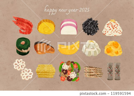 2025 New Year's card with New Year's dishes, watercolor-style hand-drawn illustration 119591594