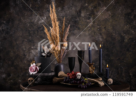 Halloween still life with skull, bones and cake 119591749