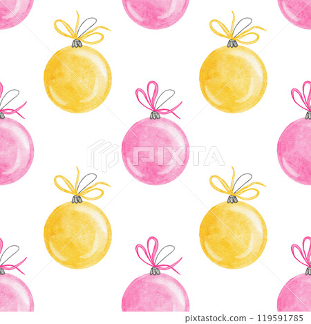 Hand drawn seamless pattern with yellow pink ornament baubles. Watercolor in boho style neutral with christmas tree ornaments . New year decor wrapping paper party celebration winter. Hand drawn seamless pattern with yellow pink ornament baubles. Watercolor in boho style neutral with christmas tree ornaments . New year decor wrapping paper party celebration winter. 119591785