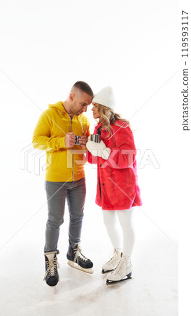 Close together, couple share loving glance, symbolizing love and warmth shared during family adventures against white background. Close together, couple share loving glance, symbolizing love and warmth shared during family adventures against white background. 119593117