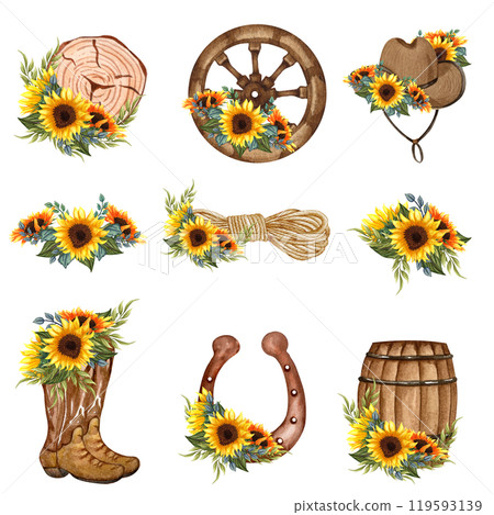 Wheel ,barrel with sunflowers and cowboy boots. Watercolor hand painted rodeo theme design. Countryside living at Texas themed illustration. Leather ranch boots Wheel ,barrel with sunflowers and cowboy boots. Watercolor hand painted rodeo theme design. Countryside living at Texas themed illustration. Leather ranch boots 119593139