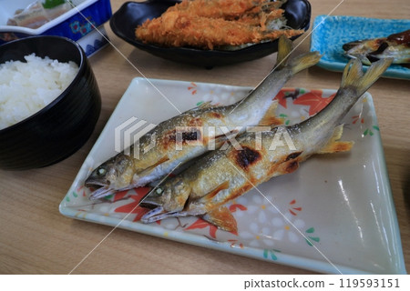 Grilled sweetfish with salt Grilled wild sweetfish with salt 119593151