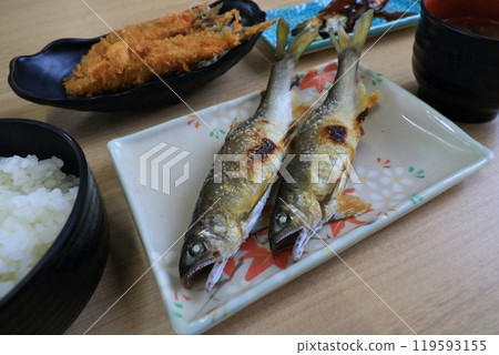 Grilled sweetfish with salt Grilled wild sweetfish with salt 119593155