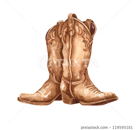 Watercolor cowboy boots. Hand painted rodeo theme design. Countryside living at Texas themed illustration. Leather ranch boots. 119593181