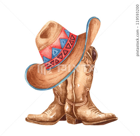 Watercolor cowboy boots with a hat. Hand painted rodeo theme design. Countryside western themed illustration. Watercolor cowboy boots with a hat. Hand painted rodeo theme design. Countryside western themed illustration. 119593200