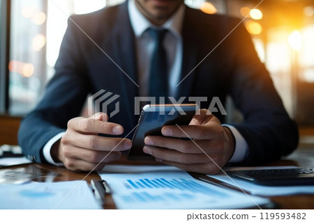 Businessman using smartphone, assessment of the company's assets and liabilities. 119593482