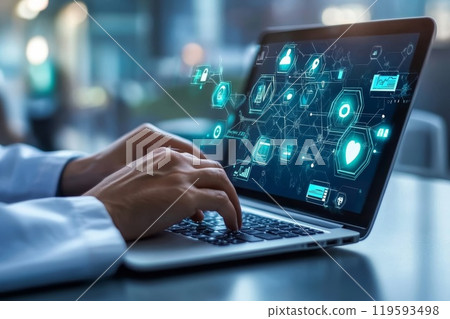 Doctor using laptop computer with health care icons. 119593498