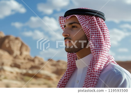 Arab man in traditional attire against the background of the desert. 119593500