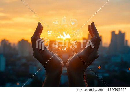 Hands Holding Symbolic Icons Representing Net Zero Emissions Goals and Carbon Neutral Concepts. Generative AI. 119593511
