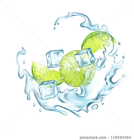 Lime with ice water splash and ice cubes. Fruit illustration on white background 119593564