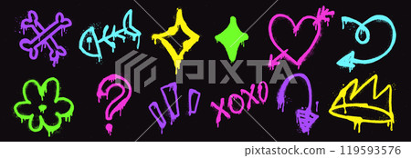 Vector set of spray art elements featuring fish skeleton, crown, heart, arrow, acid symbols. Urban street style with funky fonts, drips, and grunge splatters 119593576