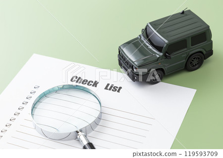 綠色背景上的汽車和支票表 119593709