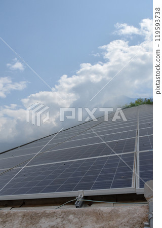 Photovoltaic panel, new technology to store and use the power from the nature with human life, sustainable energy and environmental friend concept. 119593738