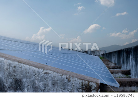 Photovoltaic panel, new technology to store and use the power from the nature with human life, sustainable energy and environmental friend concept. 119593745