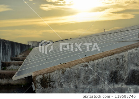 Photovoltaic panel, new technology to store and use the power from the nature with human life, sustainable energy and environmental friend concept. 119593746