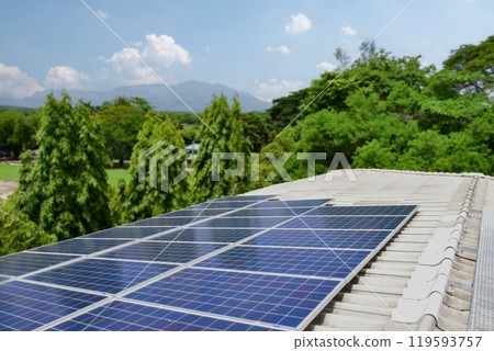Photovoltaic panel, new technology to store and use the power from the nature with human life, sustainable energy and environmental friend concept. 119593757