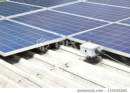 Photovoltaic panel, new technology to store and use the power from the nature with human life, sustainable energy and environmental friend concept. 119593800