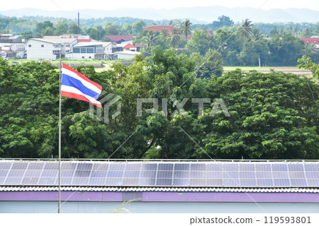 Photovoltaic panel, new technology to store and use the power from the nature with human life, sustainable energy and environmental friend concept. 119593801