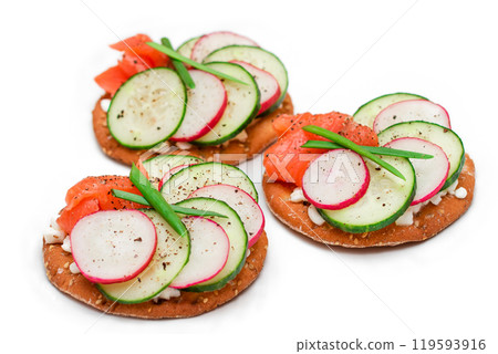 Cracker Sandwiches with Salmon, Cucumber, Radish, Cottage Cheese and Green Onions - Isolated 119593916