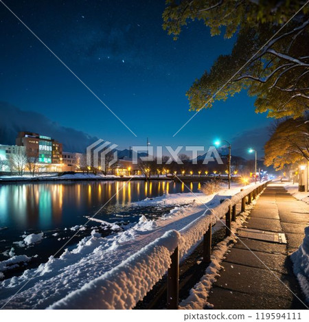 Snowy winter night at the harbor 119594111