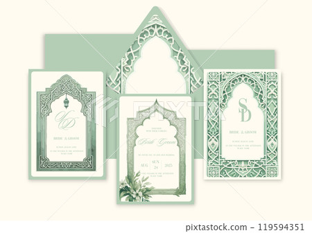 Ramadan Kareem. Eid Mubarak. Watercolor aesthetic template for wedding invitation in Arabic style. Ramadan Kareem. Eid Mubarak. Watercolor aesthetic template for wedding invitation in Arabic style. 119594351