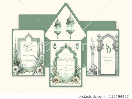 Ramadan Kareem. Eid Mubarak. Watercolor aesthetic template for wedding invitation in Arabic style. Ramadan Kareem. Eid Mubarak. Watercolor aesthetic template for wedding invitation in Arabic style. 119594352