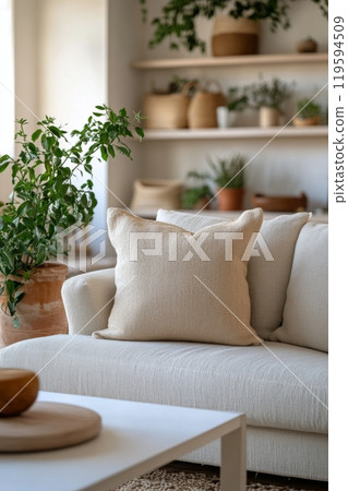 Modern living room with a cozy beige couch and decorative plants in a bright space 119594509