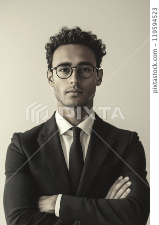 Confident businessman in a tailored suit poses with glasses in a modern office setting 119594523
