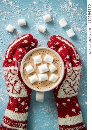 Cozy winter moment with warm cocoa, marshmallows, and snow during the holidays 119594570